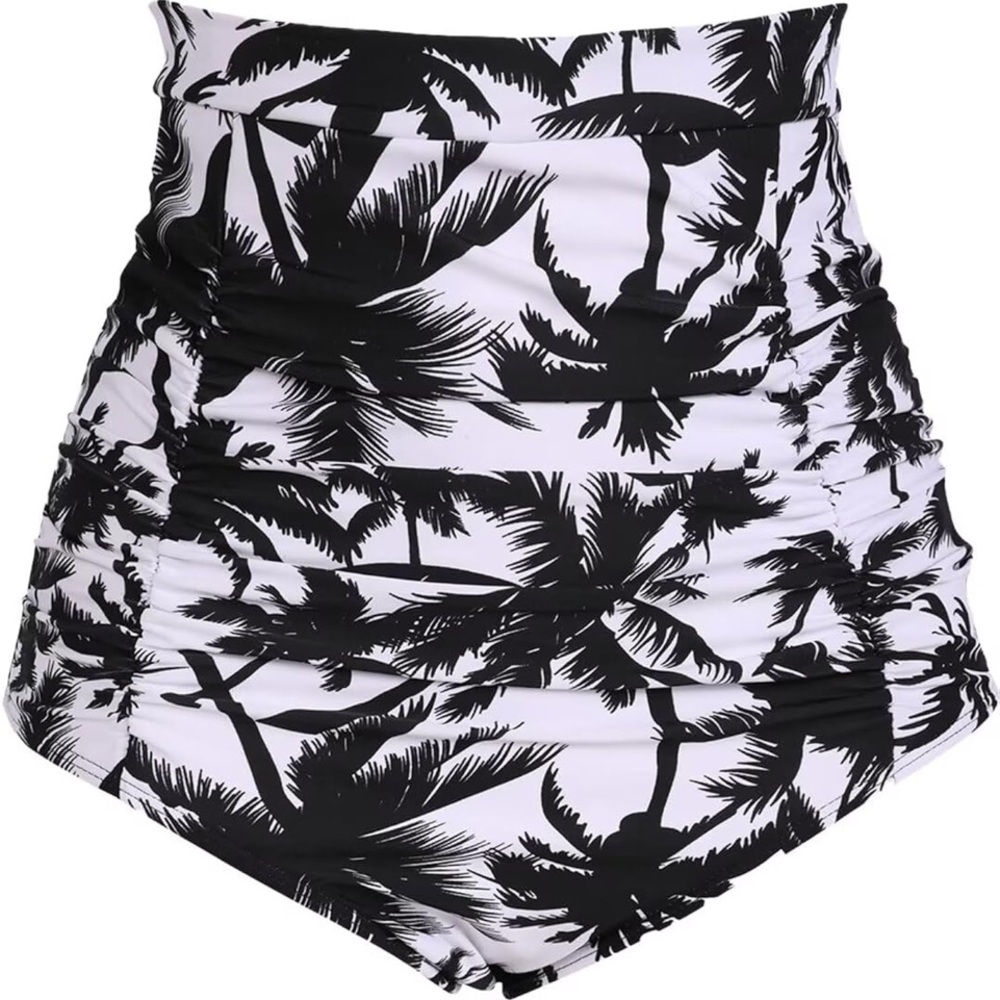🚘High-Waisted Black and White Palm Print Swim Bottom only retro vintage bottoms